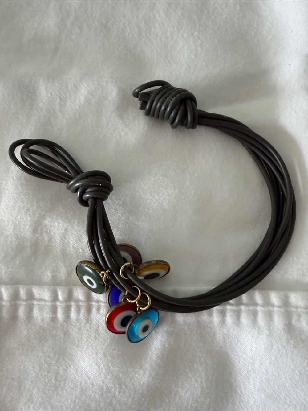 Multicolor Evil Eye Charm Bracelet on Black Cord